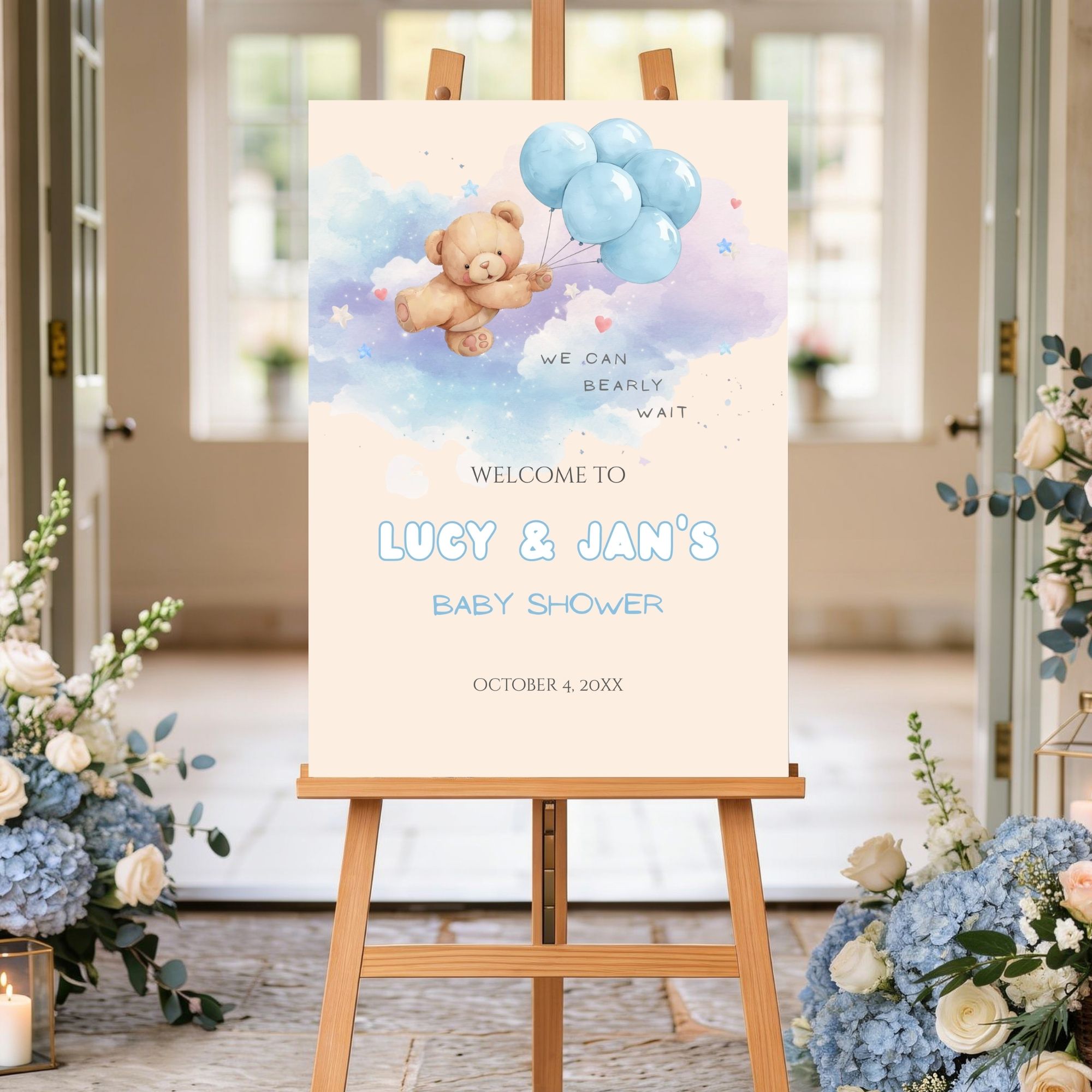 Teddy & Co. Welcome Sign Blue Balloons