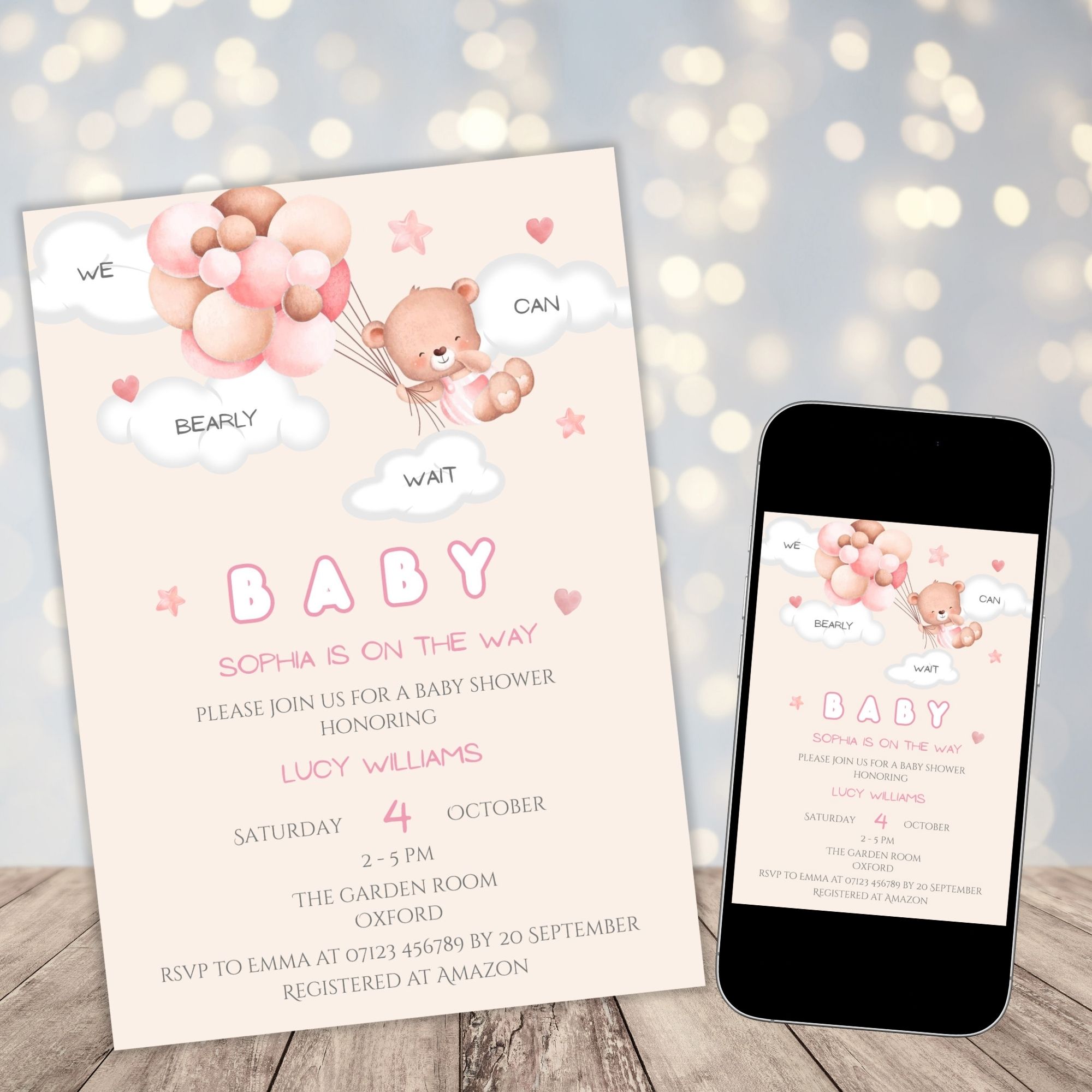 Bearly Wait Invitation Pink
