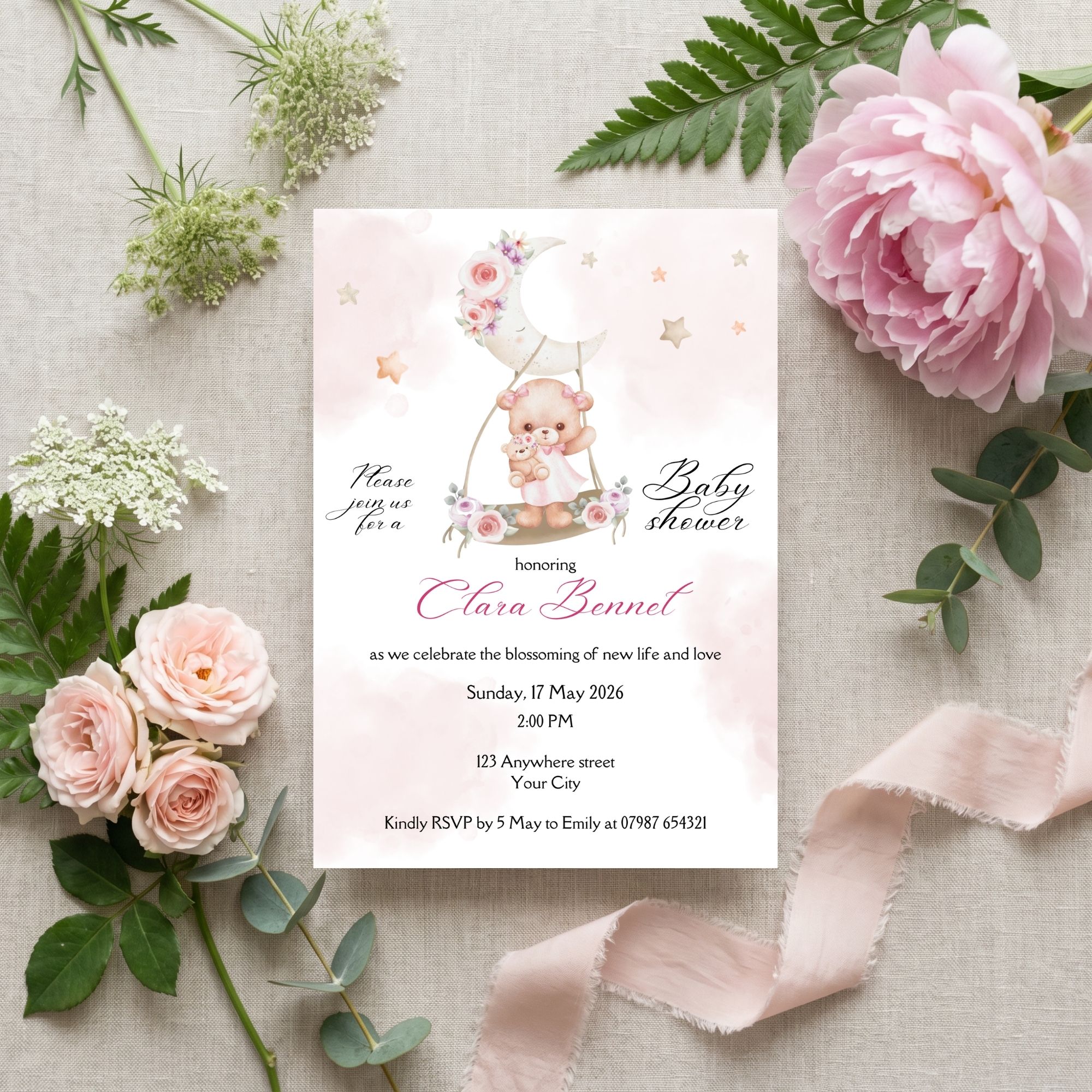Teddy's Daydream Invitation Pink